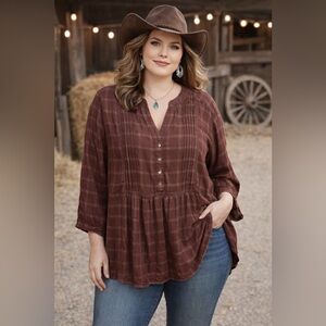 Wrangler Blouse Top Sz XXL Babydoll Burgundy Rust Plaid 3/4 Sleeve Viscose